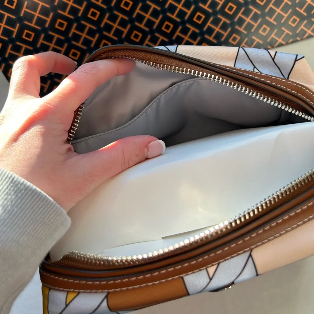 Tory Burch Nylon Basketweave Cosmetic Case Blue Basketweave Colorblock Brown